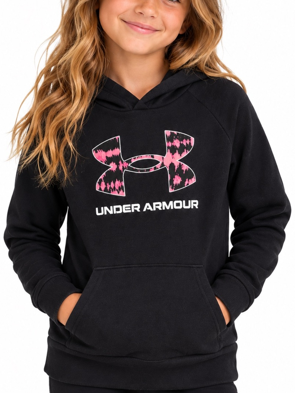 Under Armour Rival Fleece Big Logo Print Fill Hoodie Black & Pink YS